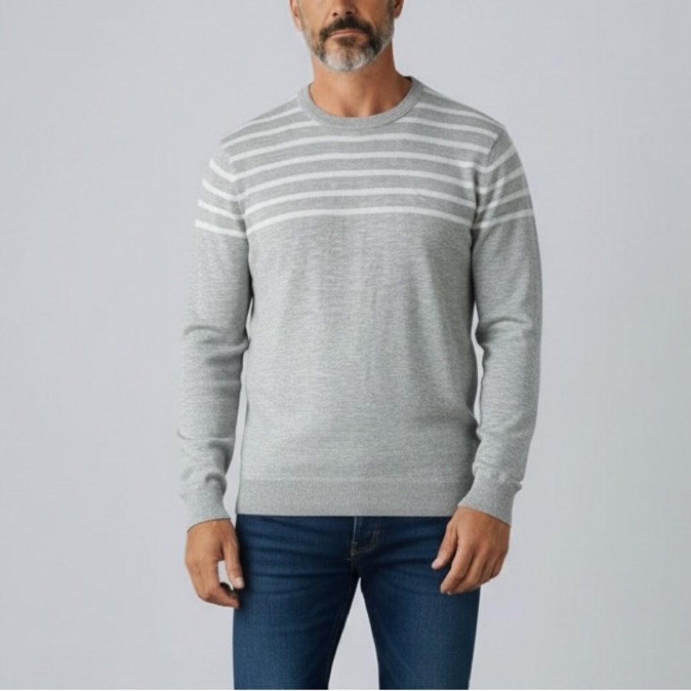 Nordstrom Men’s Shop Gray White Striped Crewneck Sweater Top Size Medium‎
